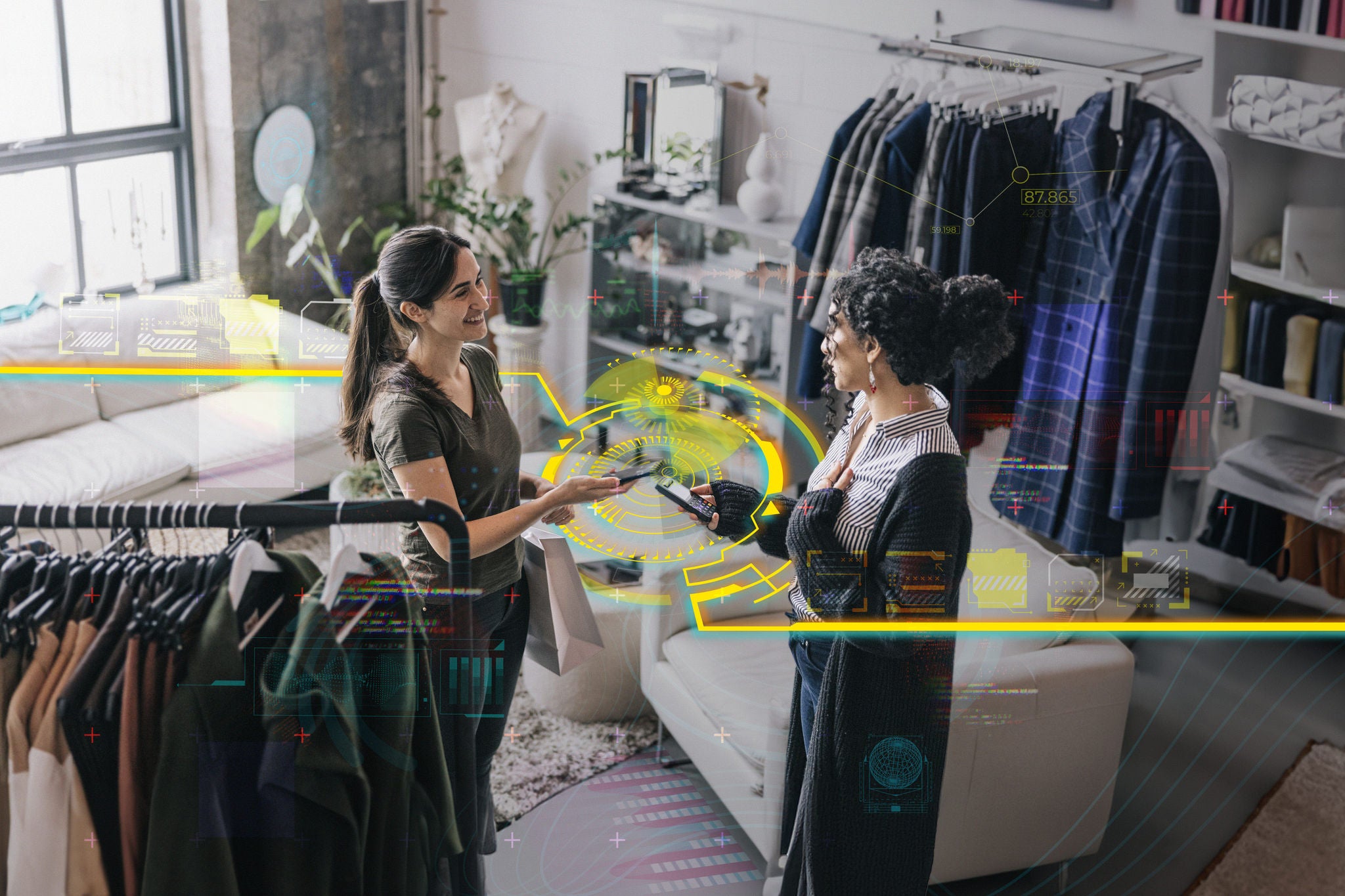 EY-AI latin woman making a mobile payment in modern boutique