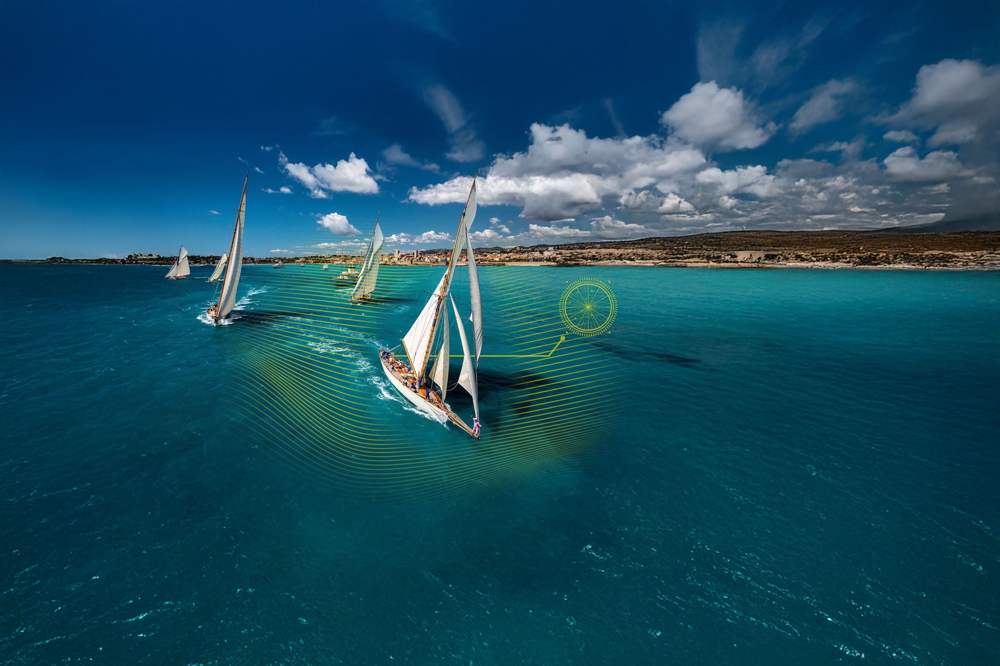 French Riviera - old sail race start aerial view with Antibes view