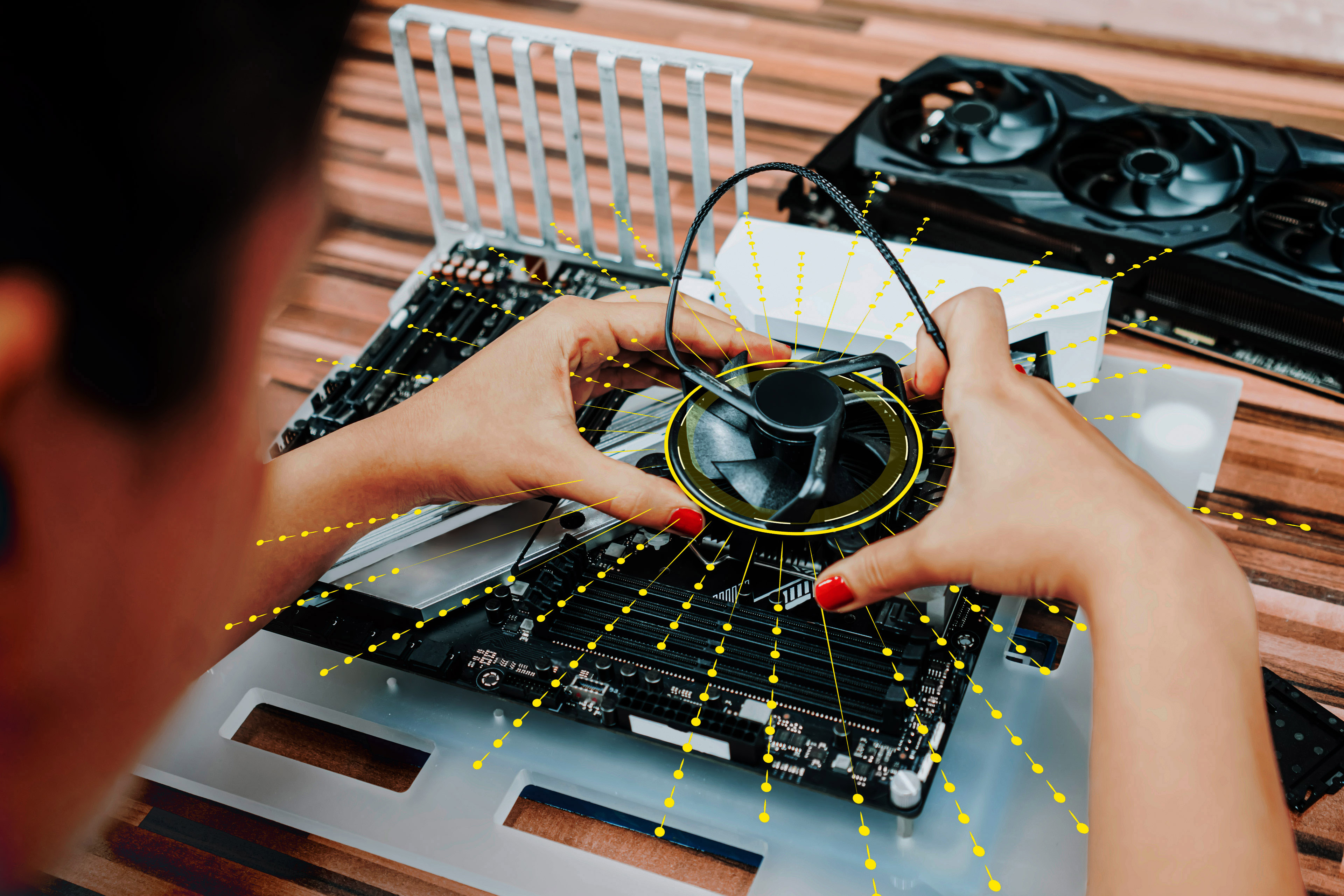 young woman repairing and assembling computer